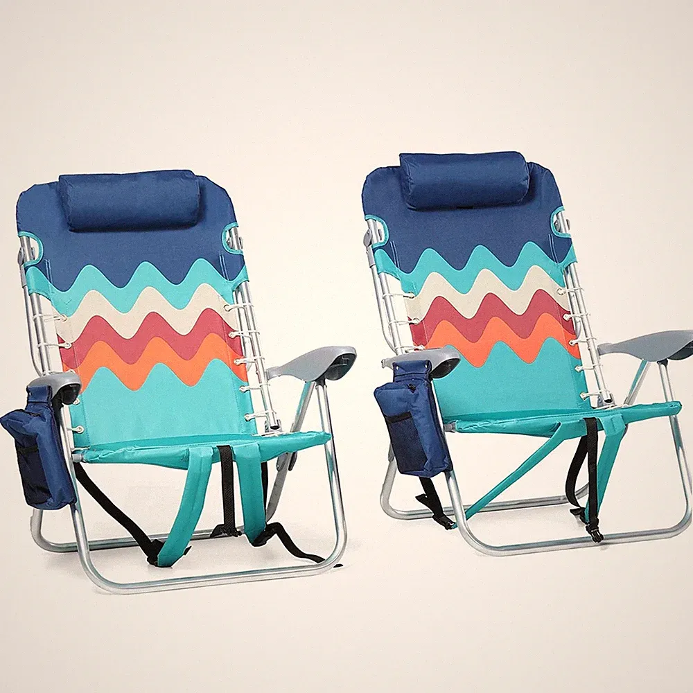Backpack Beach Chairs w/Headrest & Cooler Bag 4 Position Lay Folding Beach Chair