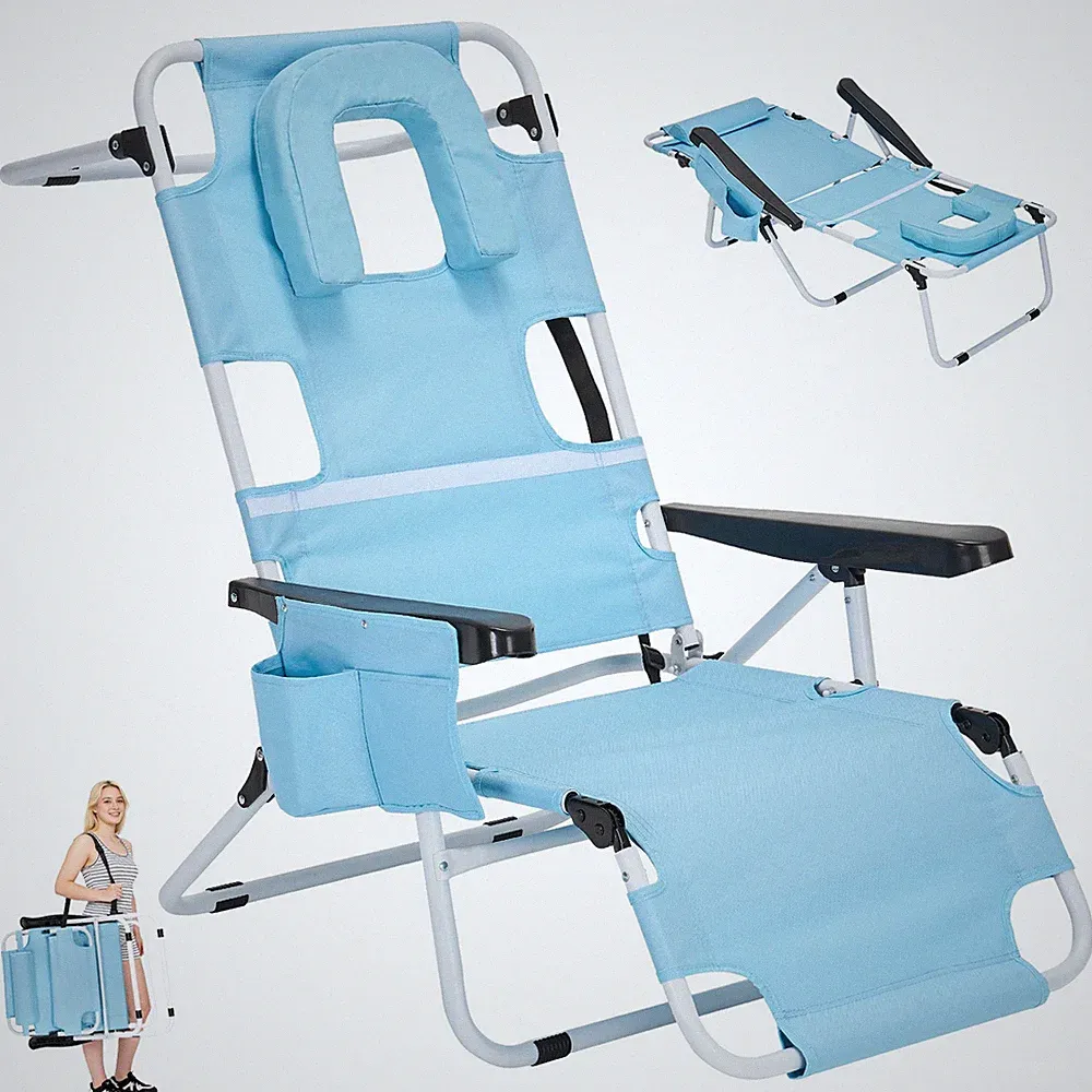 Beach Chair Adjustable Folding Recliner w/Backpack Strap Face Hole Support 400LB