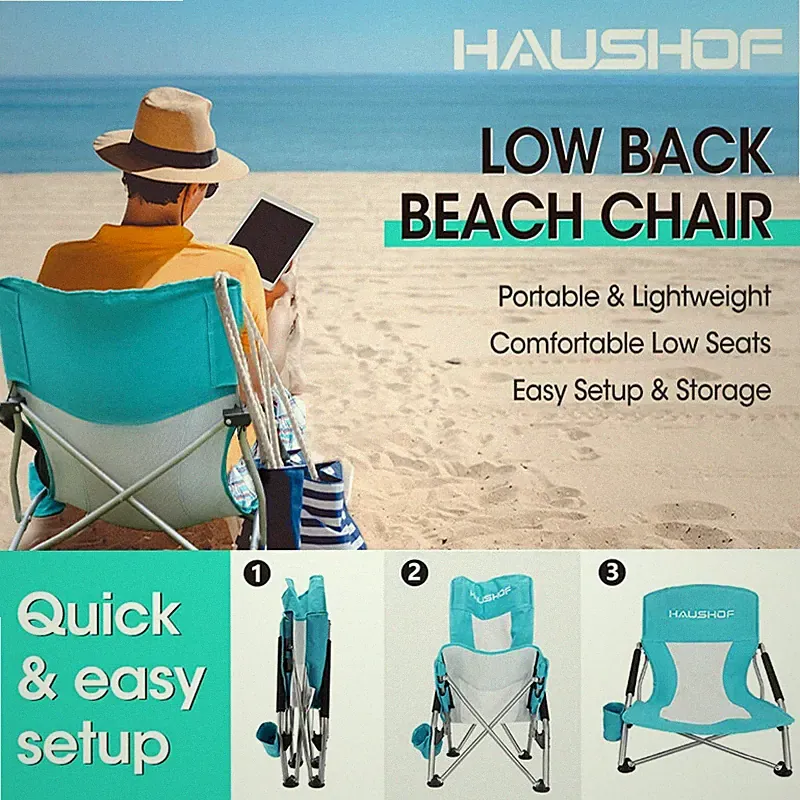 HAUSHOF Low Beach Chair Mesh Back Folding Chair Low Seat Camping Armrest Chairs