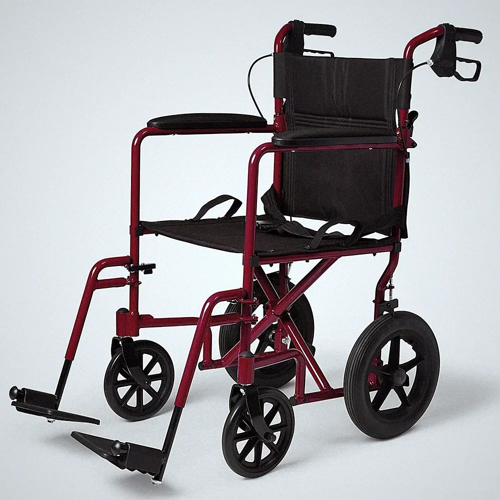 Medline Transport Wheelchair Aluminum Red Folding w Brakes Lightweight