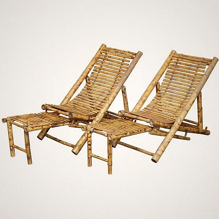 PAIR OF MID CENTURY MODERN CIR 1950 BAMBOO RECLINING SLING ARMCHAIRS & FOOTSTOOL