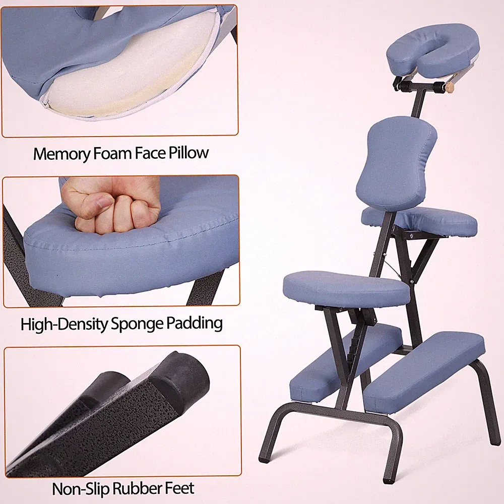 Portable Tattoo Massage Chair PU Leather Folding Table Salon Facial Spa Pad Blue