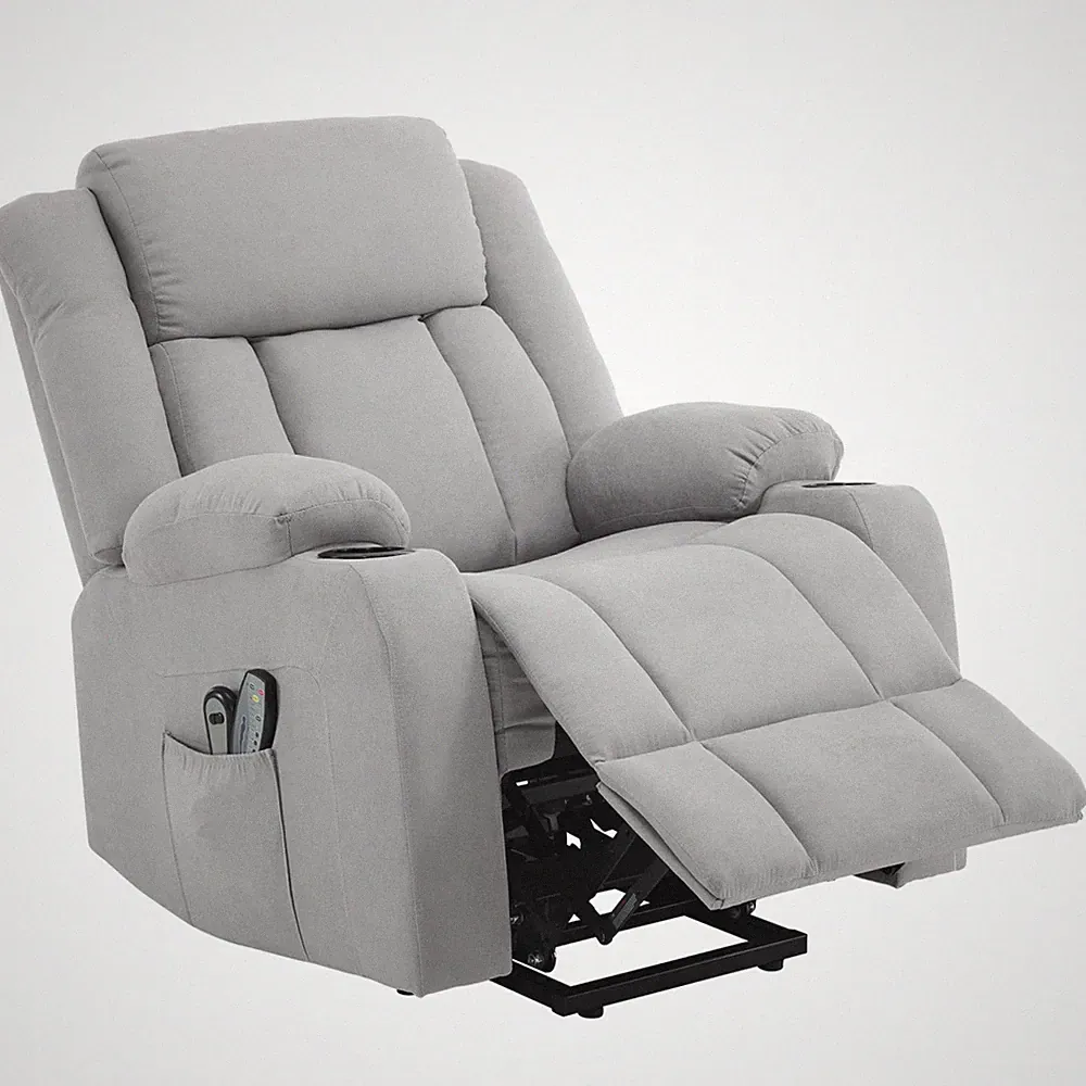 Recliner Chair Power Lift Electric Massage Heat 8-Point Grey Linen 96x118x77cm.