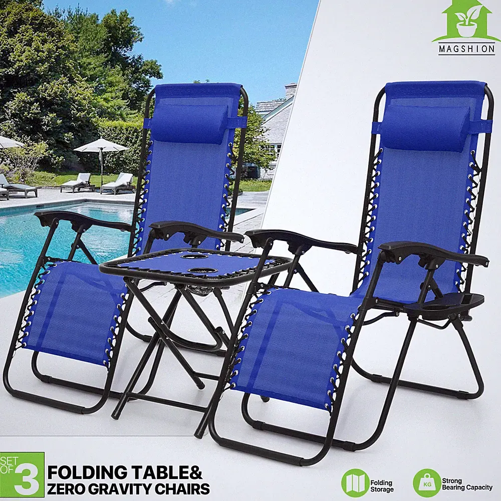 Set of 3 [ZERO GRAVITY CHAIR+FOLDING TABLE] Beach Lounge Recliner w/Drink Holder